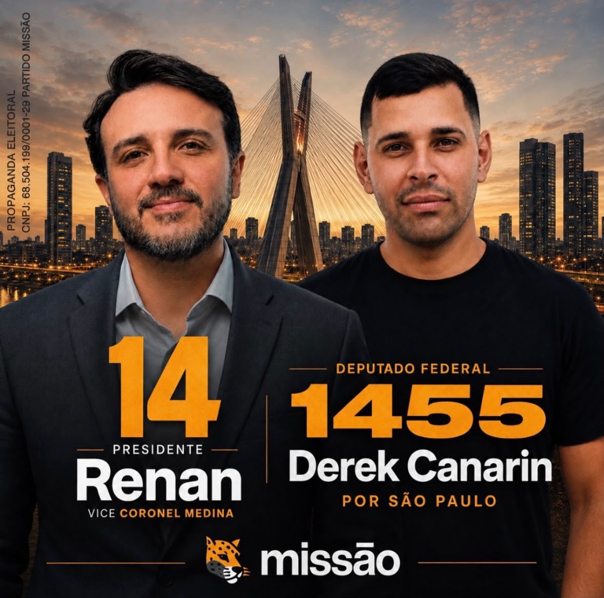 Arte de campanha de Derek Canarin, candidato a deputado federal 1455 por São Paulo, ao lado da chapa presidencial do Partido Missão.