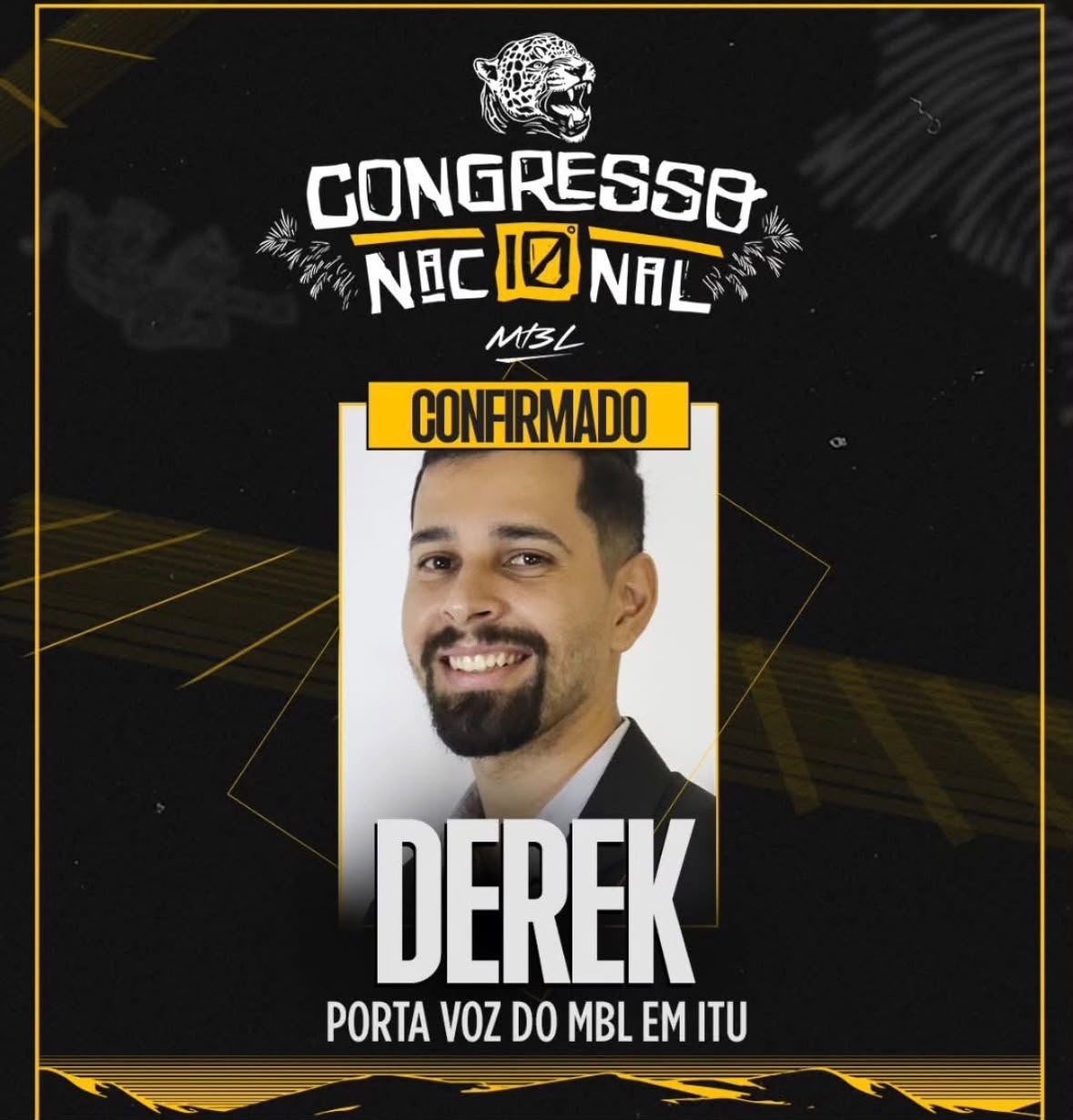 Arte de campanha com o retrato de Derek Canarin, confirmado como porta-voz do MBL em Itu.